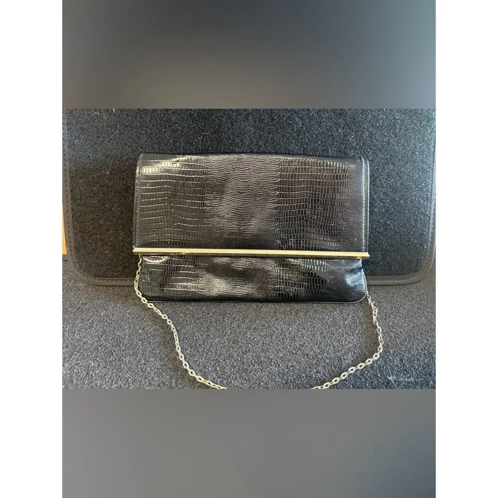 Black Faux Croc Embossed Foldover Clutch Purse Chain Strap Evening Bag